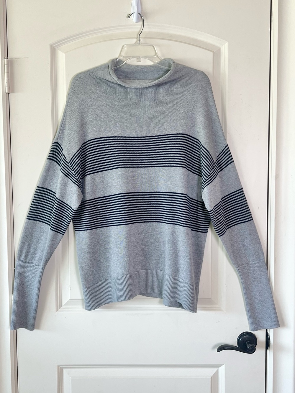 Westbound Grey Navy Striped Knit Sweater XL Cozy Slouchy Funnel Neck Pullover